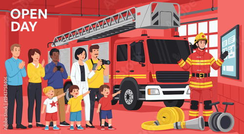 Open Day At The Fire Station - Vector Illustration Of A Firefighter Explaining To A Diverse Group Of Visitors