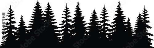 Black silhouette illustration of dense coniferous forest with pine and fir trees, emphasizing wilderness scenery, outdoor ecology, natural landscape, and nature-inspired design elements.