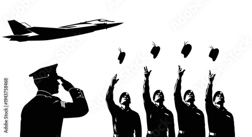 Military Salute to Jet Fighter: Soldiers Toss Hats in Air, Celebrating Air Force Power