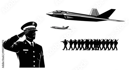 Military Salute, Air Force Jets, and Soldiers Marching: Symbol of Patriotism and Defense