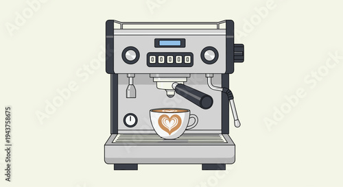 A coffee machine with a cup of coffee on a light background modern espresso maker with digital display and heart design, Generative AI.
