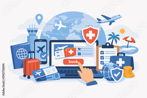 Online Booking for Airline Tickets and Travel Insurance Concept. Vector Illustration of Vacation Planning with Laptop, Smartphone, Luggage, Passport, and Globe for Tourism Business.