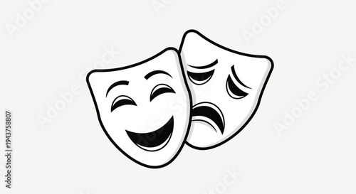 Comedy and tragedy masks in a simple black line art style on a light gray background, Generative AI.