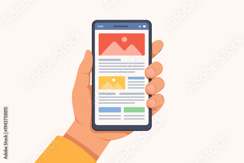 Flat vector illustration of a hand holding a smartphone displaying a news website or mobile application interface with articles and images on a minimalist background for digital media concepts.