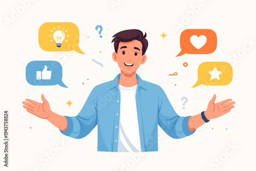 Happy young man with open arms surrounded by colorful speech bubbles with icons like lightbulb, heart, thumbs up, and star, representing feedback, ideas, and positive social media engagement.
