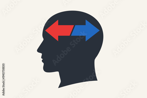 Silhouette of a human head with red and blue arrows facing opposite ways, conceptualizing cognitive dissonance, internal struggle, mental health, decision making, and psychological conflict.
