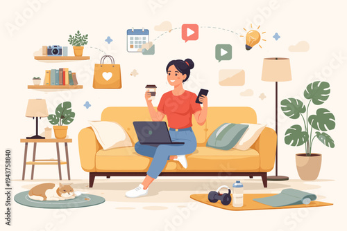 Modern lifestyle vector illustration of a woman working remotely on a sofa with a laptop and smartphone, featuring icons for wellness, fitness, shopping, and creativity on a light background.