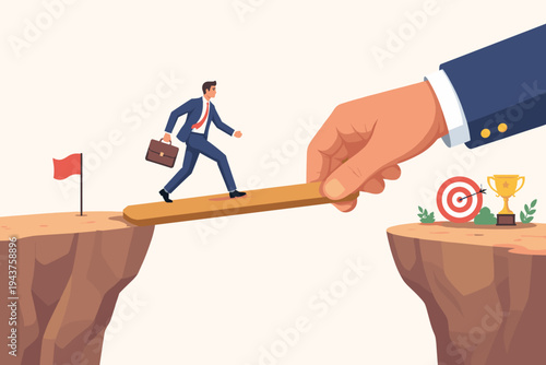 Vector illustration of a businessman crossing a gap on a wooden plank held by a giant hand representing investment support, mentorship, and career growth towards success, goals, and a trophy.