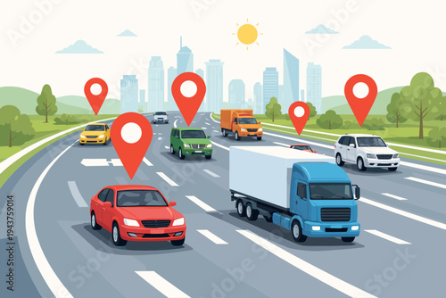 Vector illustration of cars and trucks driving on a highway with red geo-location pin icons, representing GPS tracking, fleet management, logistics, and smart city navigation technology systems.