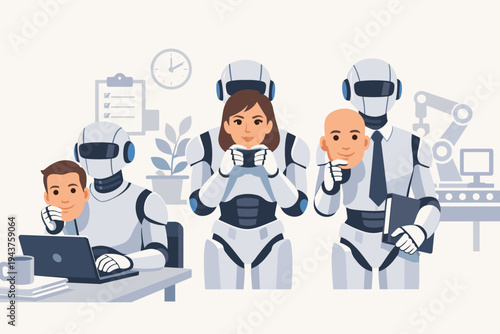 Humanoid robots replacing human employees in a modern office, holding realistic human face masks to blend in, symbolizing artificial intelligence, automation, and the evolving future of work.