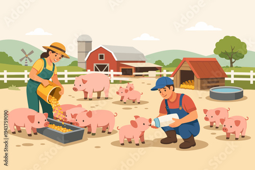 Flat Vector Illustration of Farmers Caring for Pink Pigs and Piglets on a Rural Farm with a Red Barn, Silo, and Windmill; Woman Pouring Feed and Man Bottle-Feeding a Piglet in a Sunny Countryside.