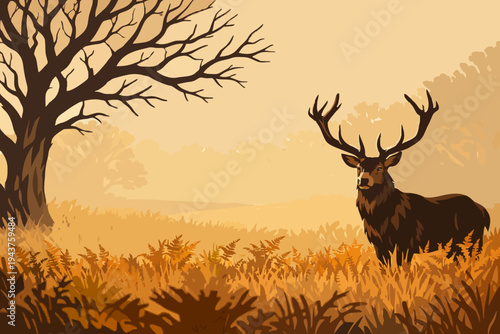 Majestic Stag in Misty Meadow with Bare Branch Tree Vector Scene