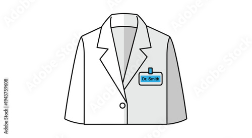 A simple illustration of a white lab coat with a blue name tag on the right side, Generative AI.