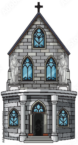 Gothic Stone Church Facade with Stained Glass Windows