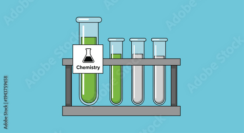 Colorful chemistry laboratory test tubes in a rack on a blue background with a sign, Generative AI.