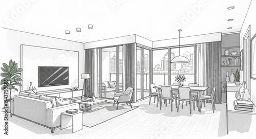 Modern Living Room Interior with Comfortable Seating and Large Windows.
