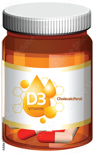 Vitamin D3 Supplement Bottle with Capsules and Label