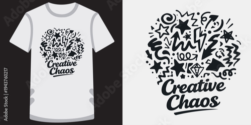 Creative black and white graphic design tshirt featuring abstract doodle art and expressive typography perfect for artists and creative thinkers