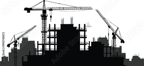 Construction site skyline silhouette with tower cranes and unfinished buildings, urban development and engineering concept vector illustration isolated on white background for architecture industry