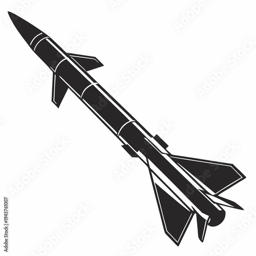 Black and white vector illustration of a military missile or rocket, depicting a long-range weapon with fins, ideal for defense, war, or security concepts.