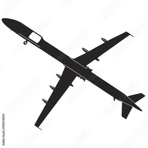 Black Silhouette Vector Illustration of a Military Drone or Unmanned Aerial Vehicle (UAV) with Missiles, Top Down View for Defense and Surveillance Concepts