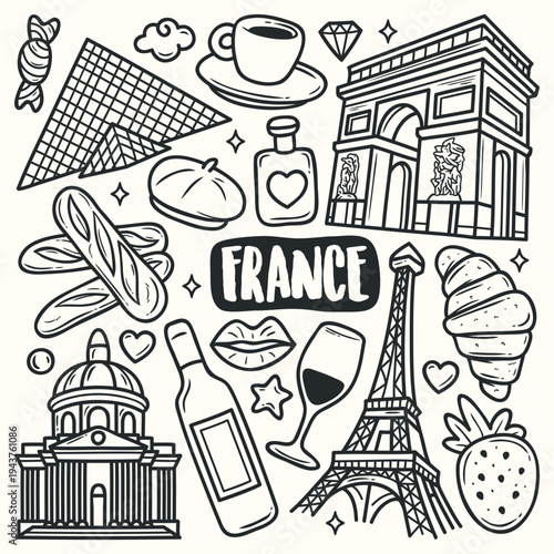 Melbourne Australia travel doodle set, hand drawn city landmarks, australian animals, coffee culture and different other icons in line art style.