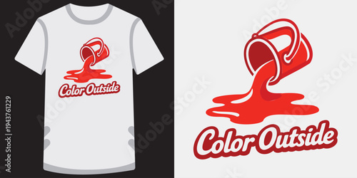 Creative graphic design of a tippedover red paint bucket spilling vibrant liquid illustration on a white tshirt mockup