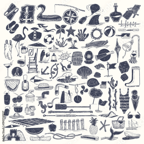 Hand drawn kitchen utensils illustration setTiny people with giant kitchen utensils, flowers, pencils. People hold furniture, sitting in big cups. Cute characters. Unique trendy style. Hand drawn Vec 