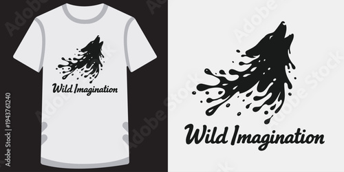 Creative graphic design of a stylized wolf head with abstract ink splatter effect on a tshirt mockup showcasing wild imagination concept