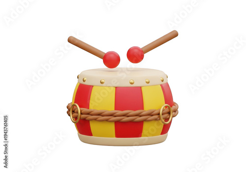 3d icon of a festive red and yellow drum with two drumsticks, isolated on transparent background
