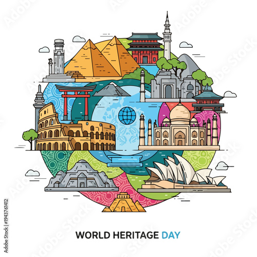 A globe-shaped illustration featuring iconic world monuments and landforms