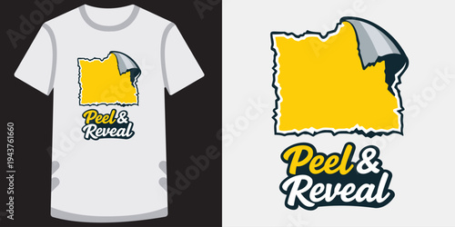 Creative graphic tshirt design featuring a playful peel and reveal map concept in vibrant yellow and gray colors perfect for casual wear