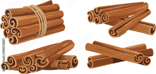 Cinnamon sticks bundle vector illustration set isolated aromatic spice ingredient for cooking baking mulled wine winter drinks dessert decoration
