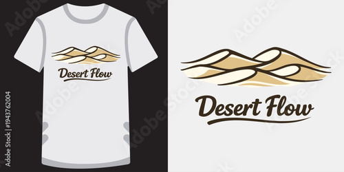 Creative minimalist tshirt design featuring abstract desert sand dunes and elegant typography logo for outdoor adventure brands