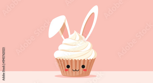 Adorable cupcake with white frosting and pink bunny ears featuring a cute face with blushing cheeks on pink background.