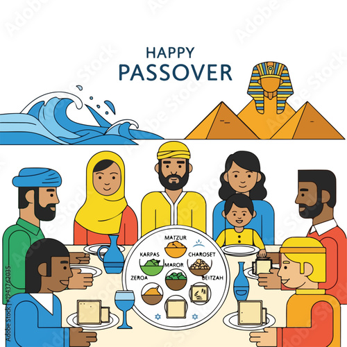 A group celebrates Passover, represented by symbolic food and images