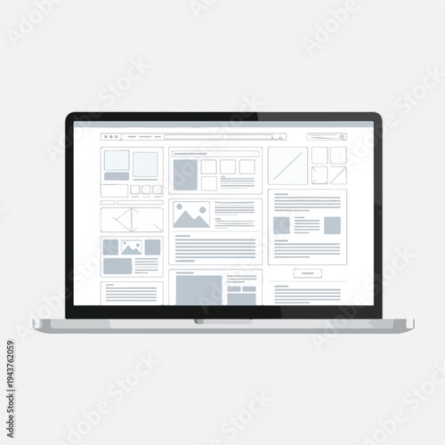 A grayscale vector illustration of a laptop with a website wireframe on screen