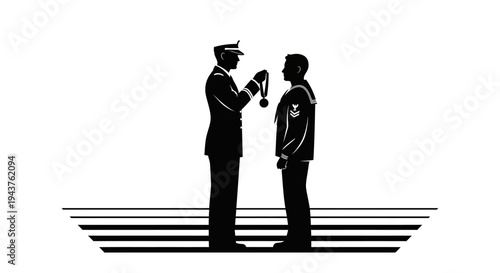 Military Officer Awards Medal to Sailor Silhouette, Navy Recognition Ceremony