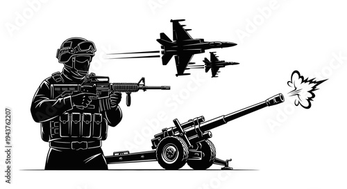 Military Soldier, Fighter Jets, and Artillery Cannon in Combat Action
