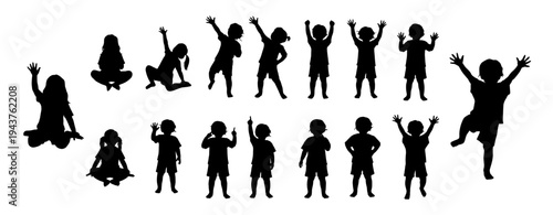 Happy kids silhouette, adorable little girl strikes different poses