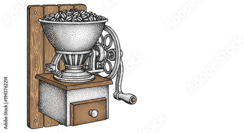 Vintage wall-mounted manual coffee grinder with a wooden backplate and a crank handle filled with roasted coffee beans.