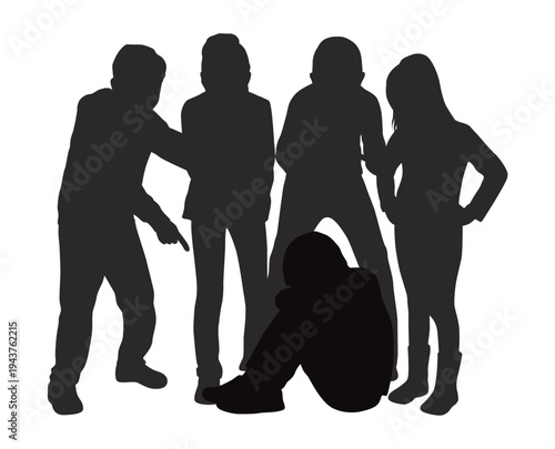 Boy suffering of classmate mockery, evil school children pointing fingers at a boy, mocking nerd