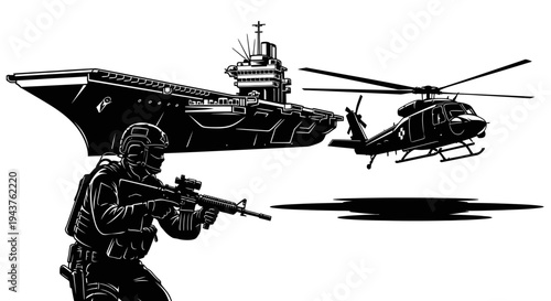 Military Soldier with Rifle, Helicopter, and Aircraft Carrier in Action