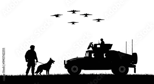 Military Soldier, K9 Unit, Humvee, and Fighter Jets Formation Silhouette