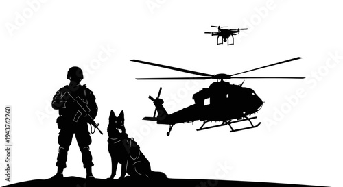 Military Soldier, K9 Unit, Helicopter, and Drone Silhouette on White Background