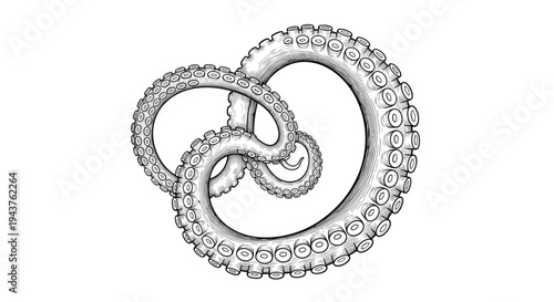 Detailed black and white engraving of two thick octopus tentacles intertwined in a circular shape with suction cups.