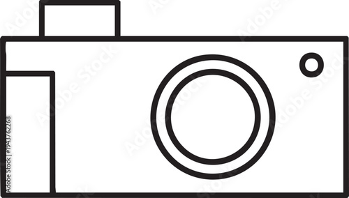Simple line drawing of a classic rectangular camera with a lens