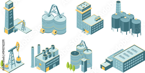 Isometric industrial factory and oil production facilities vector set with refinery tanks, silos, power plant buildings and manufacturing equipment