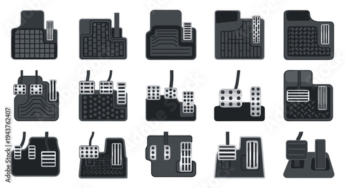Comprehensive collection of fifteen various car floor mat designs and foot pedal sets for vehicle interior customization.