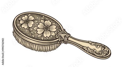 Exquisite vintage hairbrush with ornate floral engravings and detailed handle shown in a classic antique style.